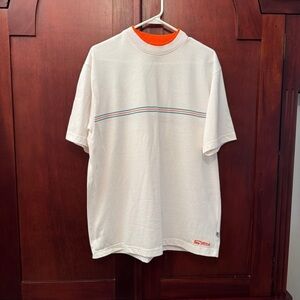 Salty Brand Very Clean White t-shirt with Aqua/Orange pin strips Size Large